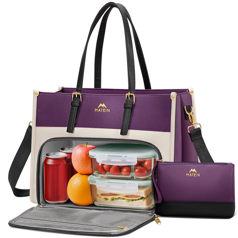 MATEIN Lunch Tote Bag for Women, 15.6 Inch PU Leather Laptop Briefcase with Insulated Lunch Compartment, Large Capacity Professional Computer Work Handbag with Purse for Office Nurse Teacher, 2 Sets