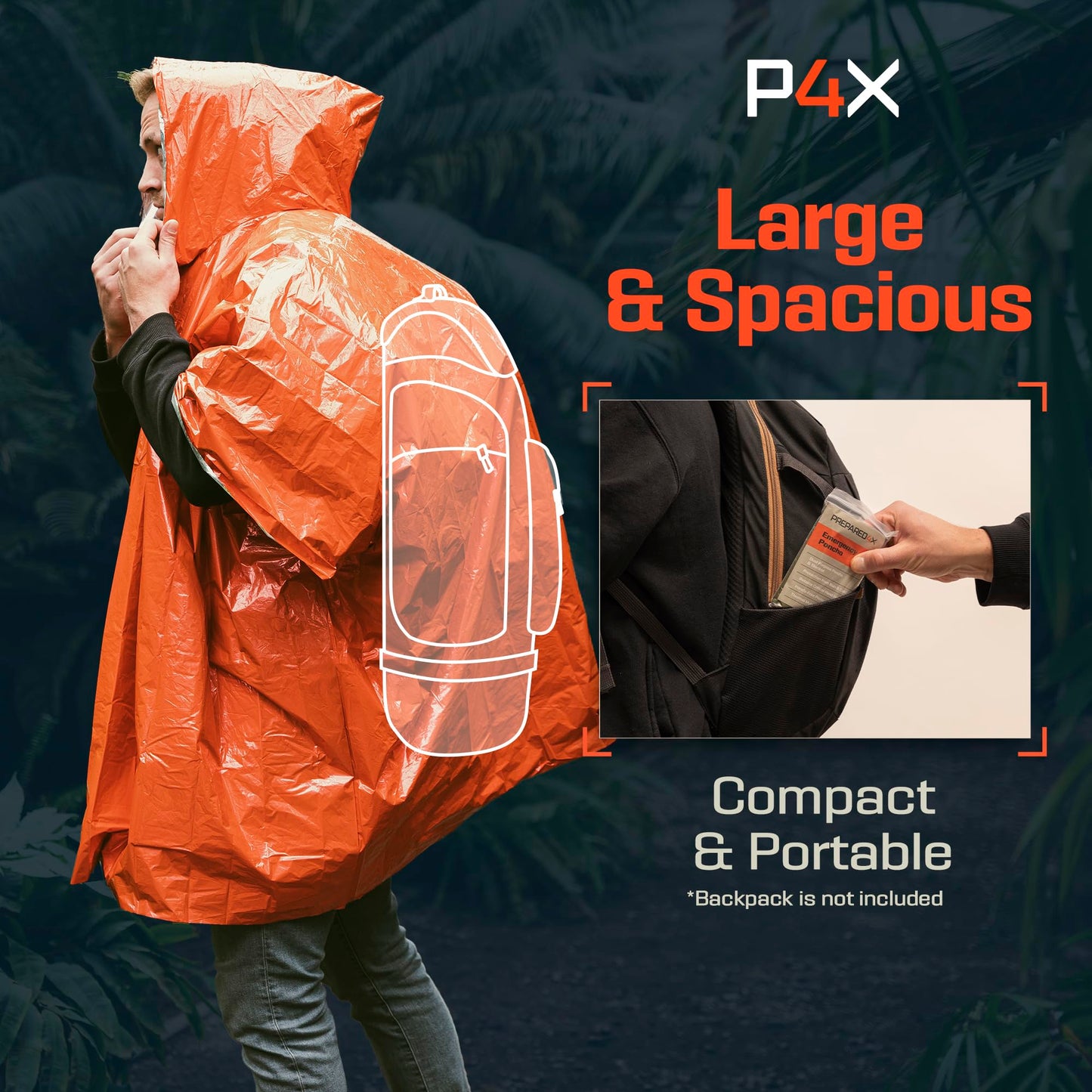 PREPARED4X Emergency Mylar Poncho – Survival Rain Poncho with Hood – Lightweight, Compact, Reusable Emergency Blanket Poncho for Hiking, Camping, Thermal Gear, Car Kit, Outdoors – 4 Pack (Orange)