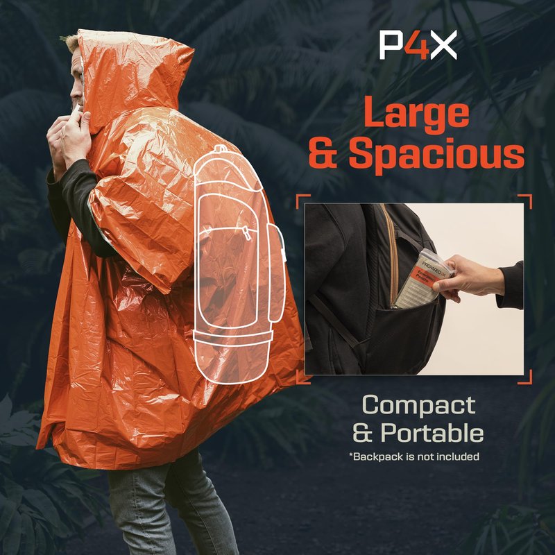 PREPARED4X Emergency Mylar Poncho – Survival Rain Poncho with Hood – Lightweight, Compact, Reusable Emergency Blanket Poncho for Hiking, Camping, Thermal Gear, Car Kit, Outdoors – 4 Pack (Orange)