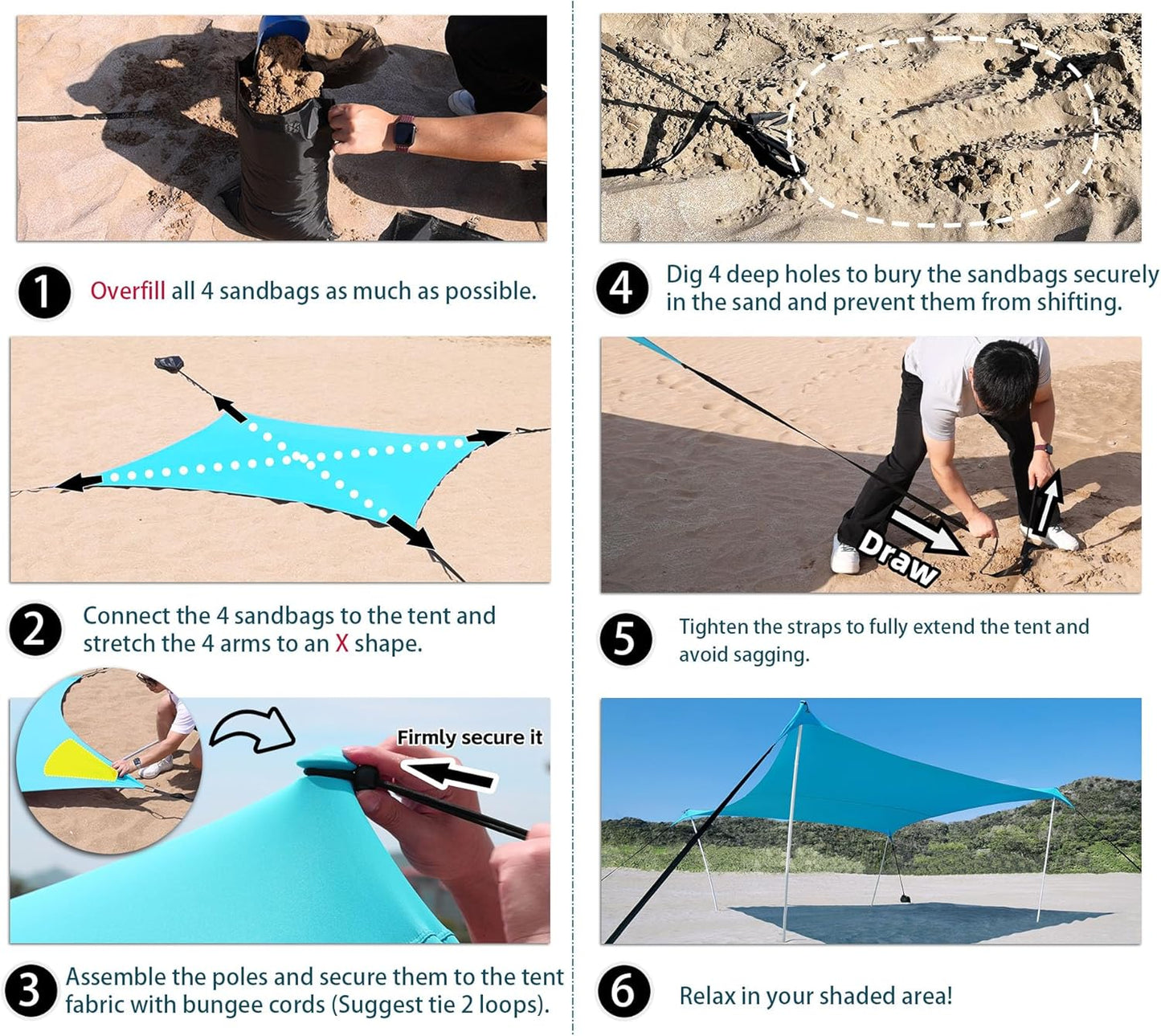 10×10ft UPF50+ Beach Tent Sun Shelter, Windproof Stable Outdoor Pop Up Beach Shade Canopy for Camping, Fishing, Backyard Fun or Picnics, 2 Poles