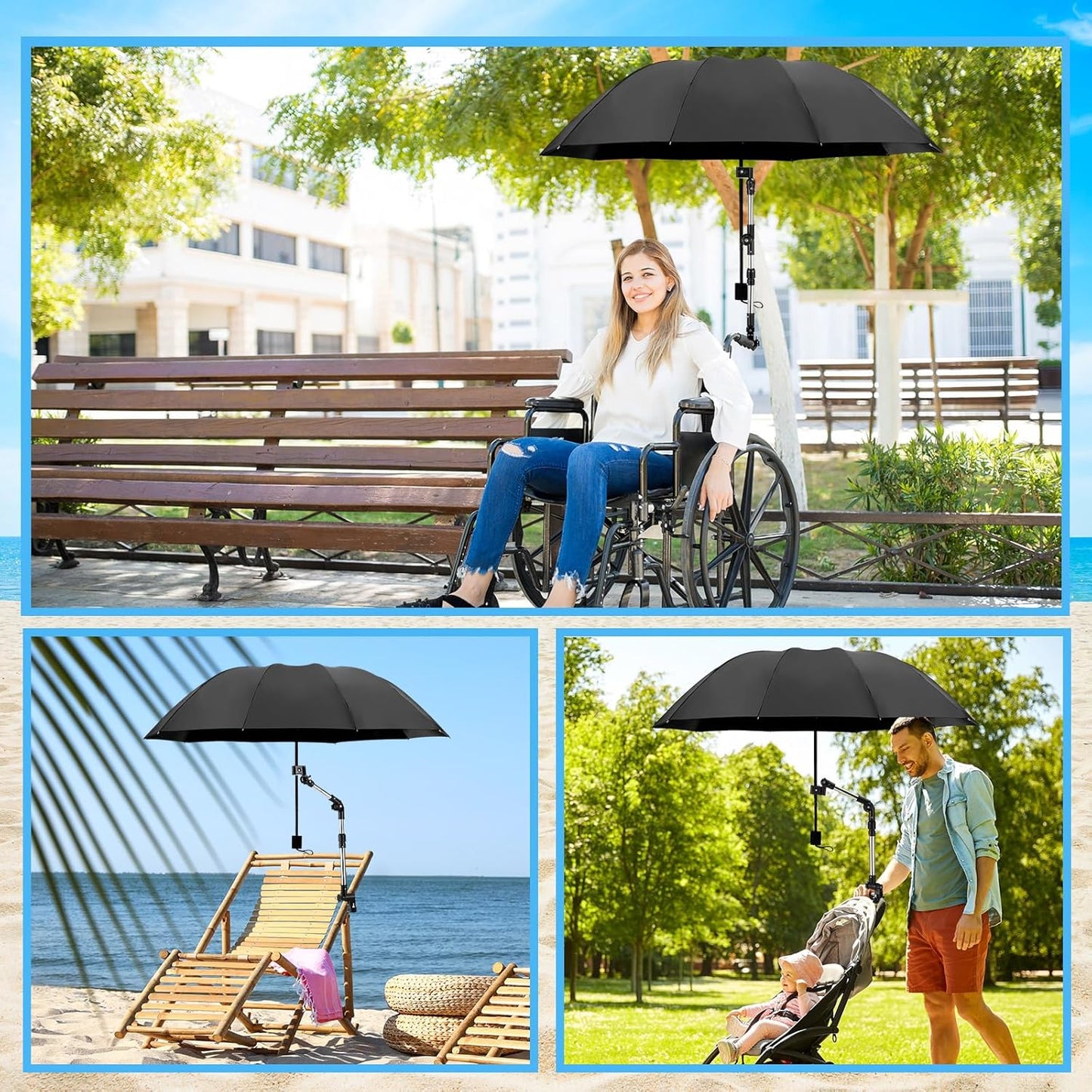 2 Pcs Beach Chair Umbrella with Clamp 49.2" 360° Adjustable Golf Umbrella with Clip and Retractable Stand Sun Shade for Camping Outdoor Travel Patio Wheelchair Golf Cart Stroller