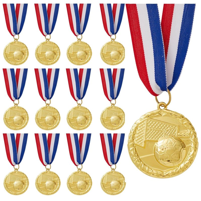 Juvale Soccer Medals - 12-Pack, 2-Inch Gold Zinc Alloy with 15.5-Inch Red, White & Blue Ribbons - Soccer Party Favors, Trophy Award - 1st Place Medals