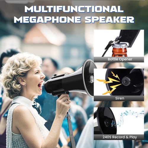 MyMealivos 30W Megaphone with Siren & 240s Record-Adjustable Vol Control Cover Up to 800 Yards Range Fit for Sport Games Cheerleading Coaches Event Organizers-Black