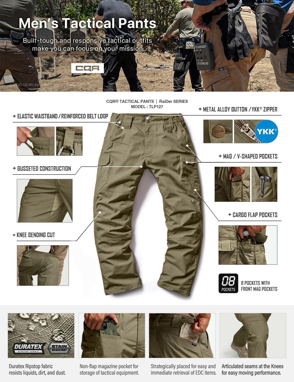CQR Men's Tactical Pants, Water Resistant Ripstop Cargo Pants, Lightweight EDC Work Hiking Pants, Outdoor Apparel, Raider Mag Pocket Soil Green, 42W x 30L
