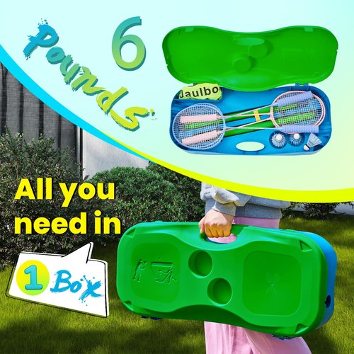 Portable Badminton Net Set Lightweight All-Plastic No-Tool Assembly with 4 Foam Handle Rackets & Nylon Shuttlecocks Carry Case with Cup Holder, Ideal for Backyard, Beach & Park Outdoor Game, Green