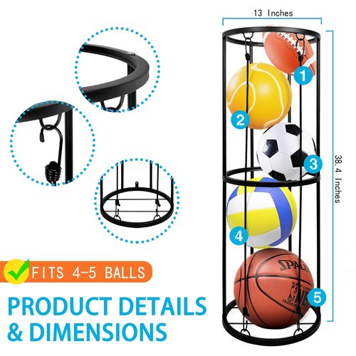 BEWITU Garage Ball Storage Rack, Wall-Mounted Basketball Holder, Vertical Ball Rack for Soccer Volleyball Football Basketball, Space-Saving Sports Ball Storage Organizer for Garage & Home