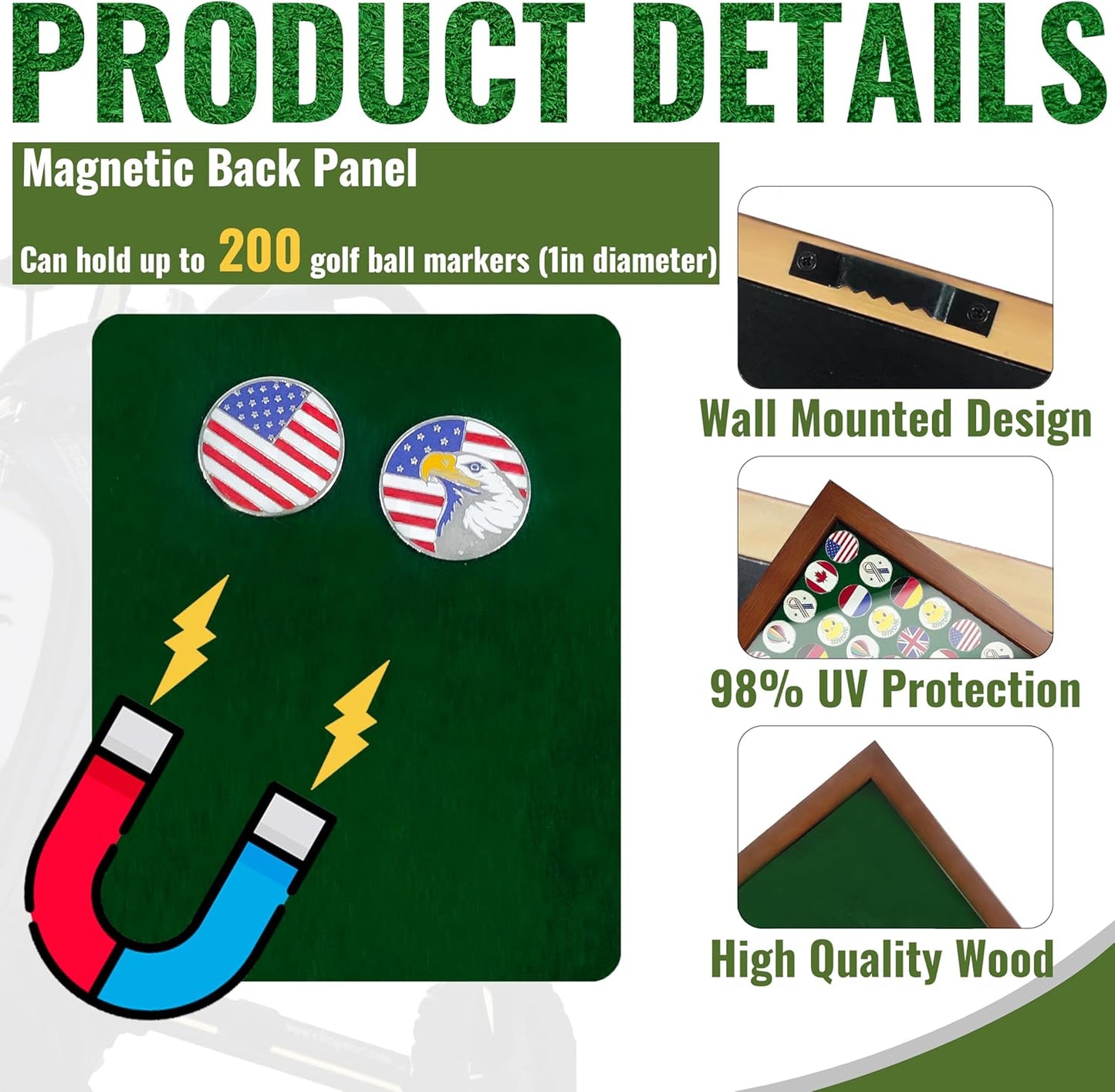 100 Golf Ball Marker Display Case Magnetic 15.5" W x 16.5" H Wall Mounted Ball Marker Display Frame Shadow Box Acrylic Cover Magnetic Back Panel Suitable for Collecting Golf Ball Markers