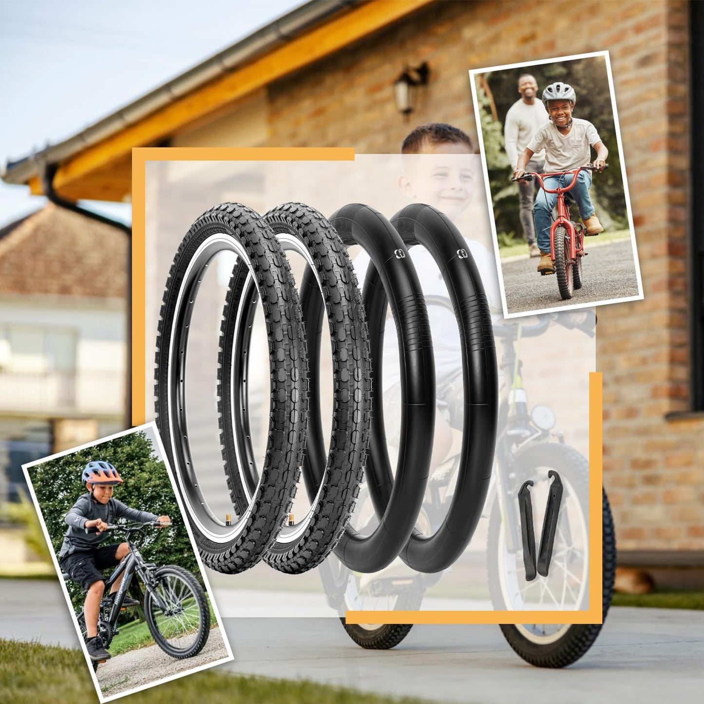 2-Pack Kids Bike Tires Set: Hycline 16x2.125 Inch (57-305 mm) Folding Replacement Puncture-Resistant Bicycle Tires and Pair Inner Tubes with Tire Levers for Beach Urban City Commuter Bike-Black