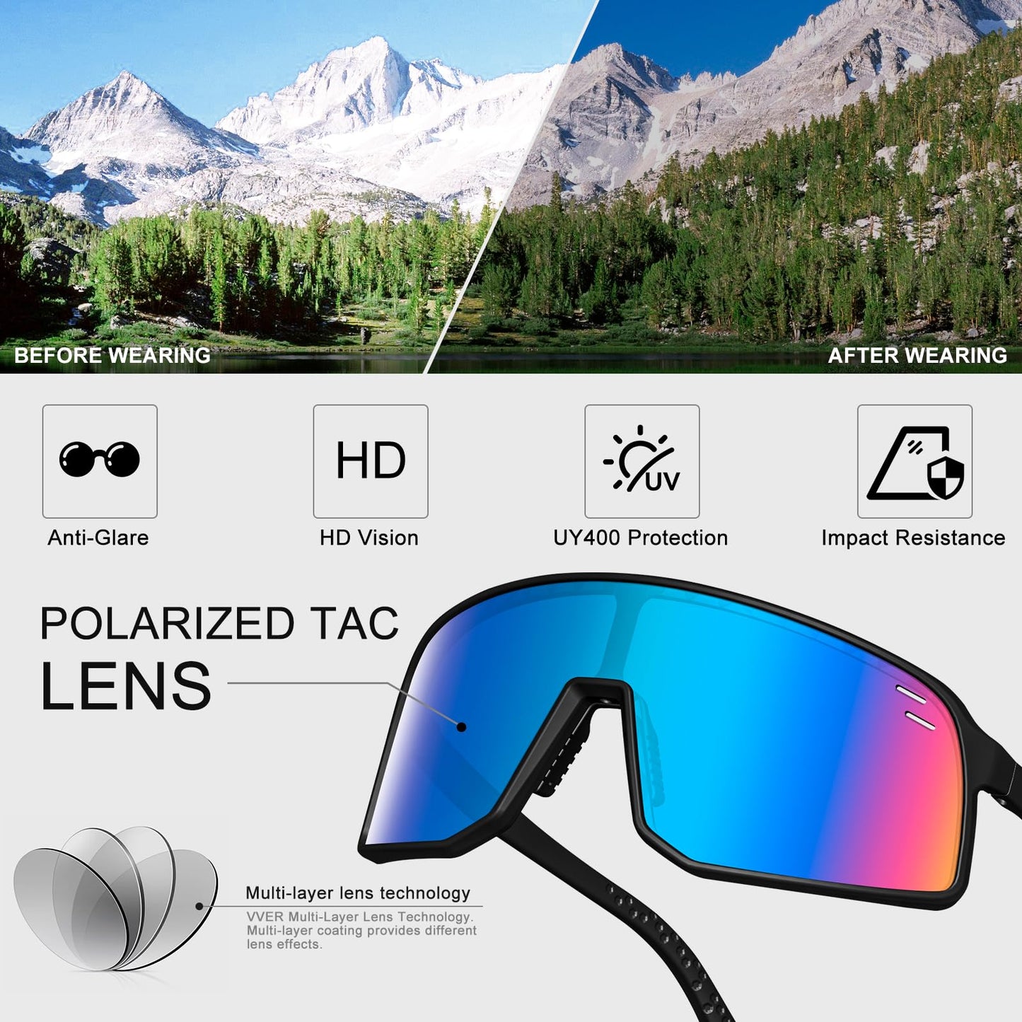 VEWOE Polarized Cycling Glasses Sports Sunglasses for Men Women UV400 Protection MTB Fishing Running Baseball Glasses