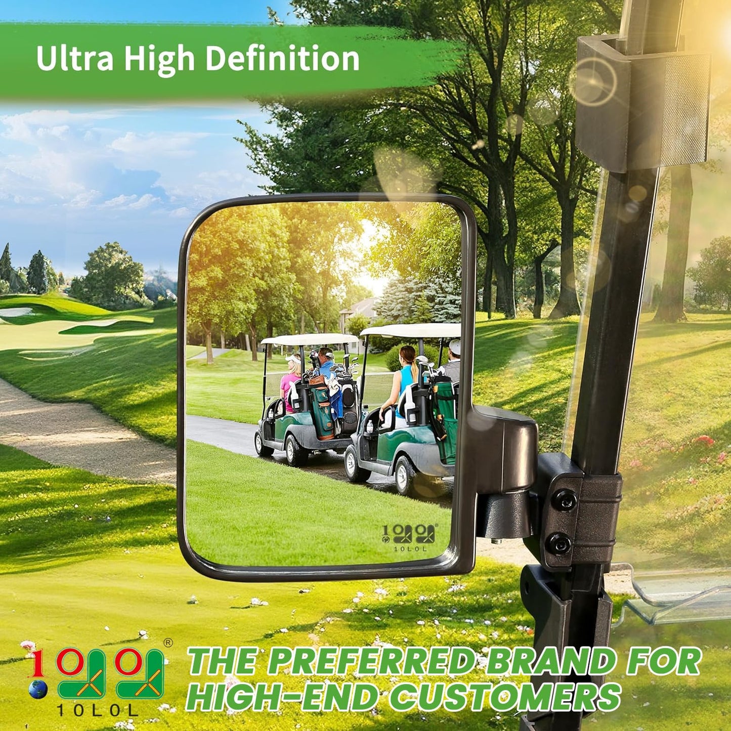 10L0L Golf Cart Mirror, No Drilling Extra Large Side View Mirror Universal for Yamaha, Club Car, EZGO, Folding Side Rear View Mirrors Adjustable 180 Degree (Black Clips)