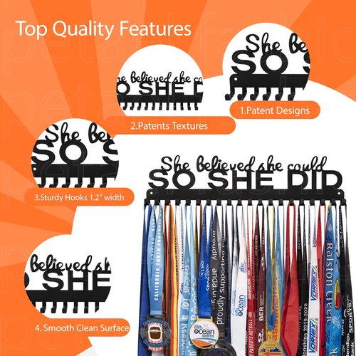 Lapetale Fashion Sports Medal Hanger Display Holder Hook Rack for 60 Medals – She Believed She Could So She Did (16" Wide with 20 Hooks) - Black- Awesome Gifts
