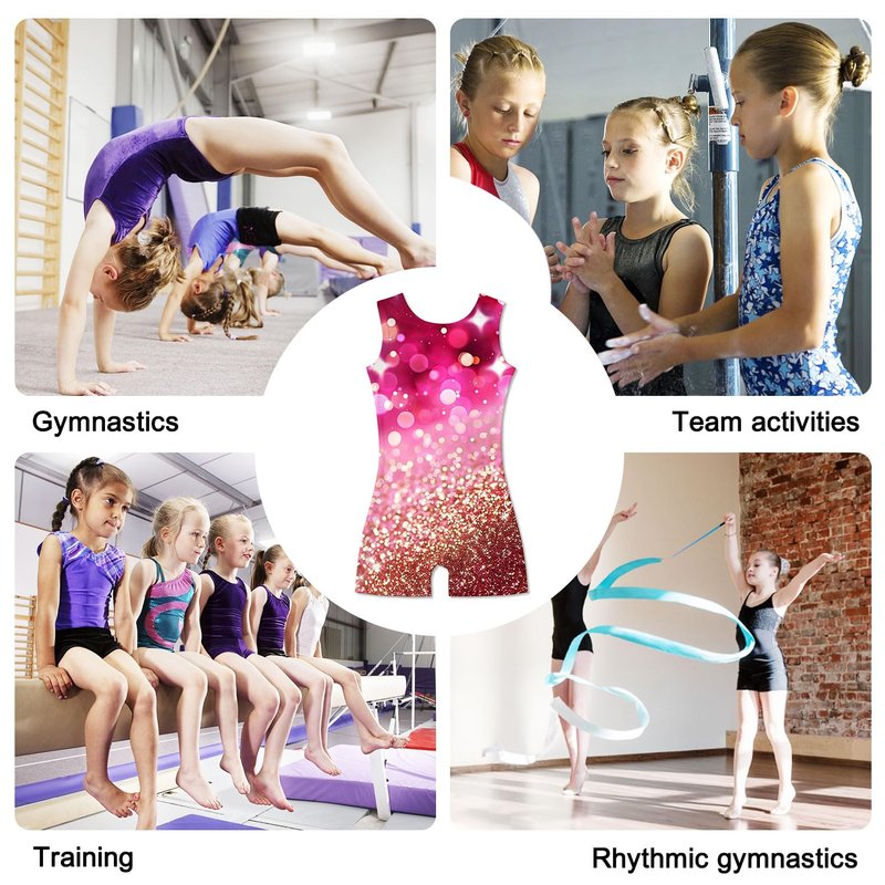 Funnycokid Gymnastics Leotards for Girls Dance Clothes Sparkly Outfits Unitard with Shorts, Diamond Pink Gold, 7-8 Years