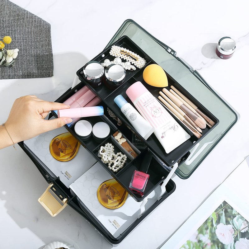 Kinsorcai 12'' Three-Layer Clear Plastic Storage Box/Tool Box, Multipurpose Organizer and Portable Handled Storage Case for Art Craft and Cosmetic (Black)