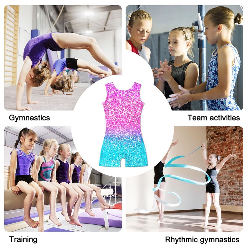 Funnycokid Gymnastics Leotards for Girls Dance Clothes Sparkly Outfits Unitard with Shorts, Diamond Shining Pink Blue, 7-8 Years