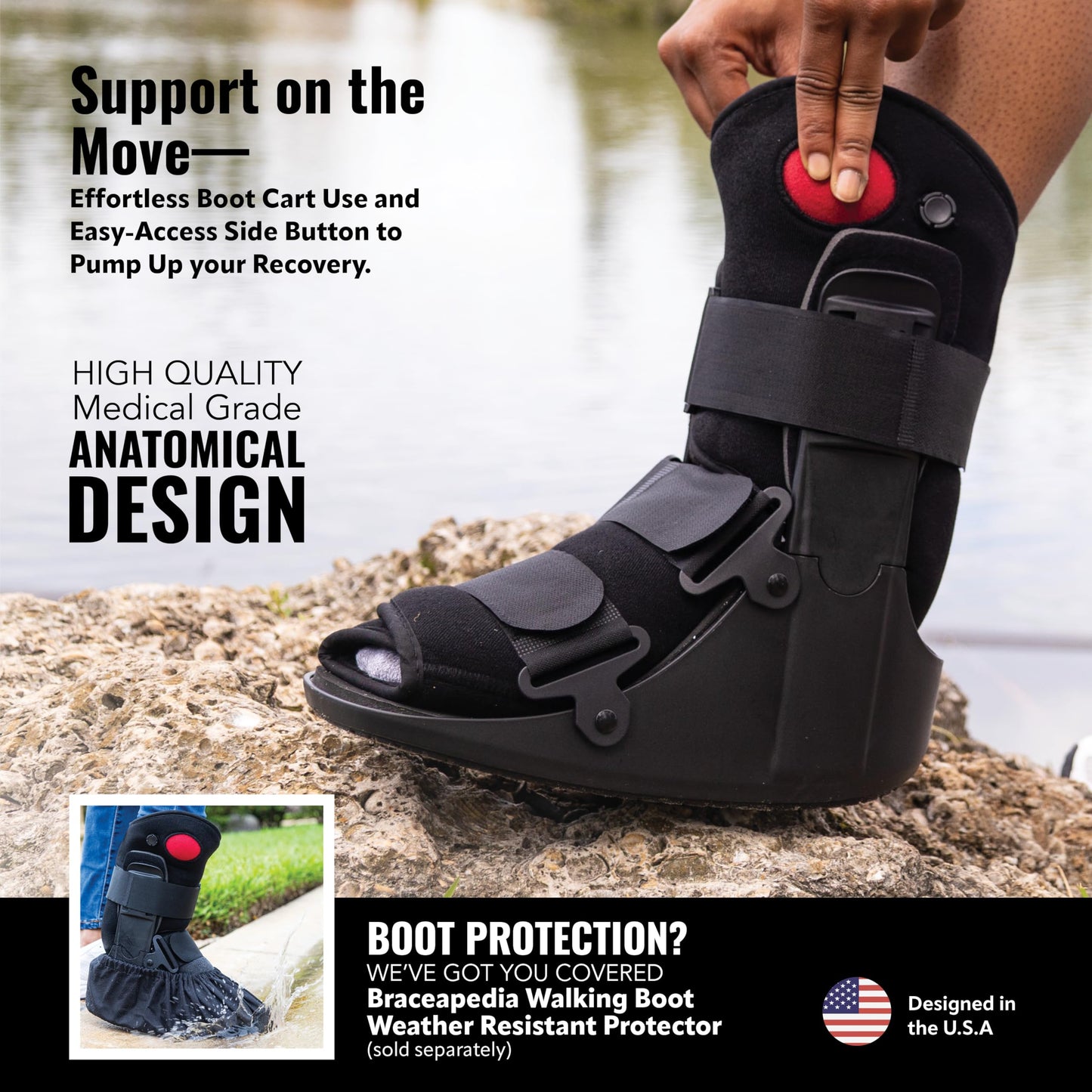 Braceapedia Short Air Compression Walking Boot Foot Brace - Side Pump Pneumatic Brace for Ankle Support & Foot Injuries - 360 Rocker Sole Cam Walker for Stress Fractures & Post-Op, Medium