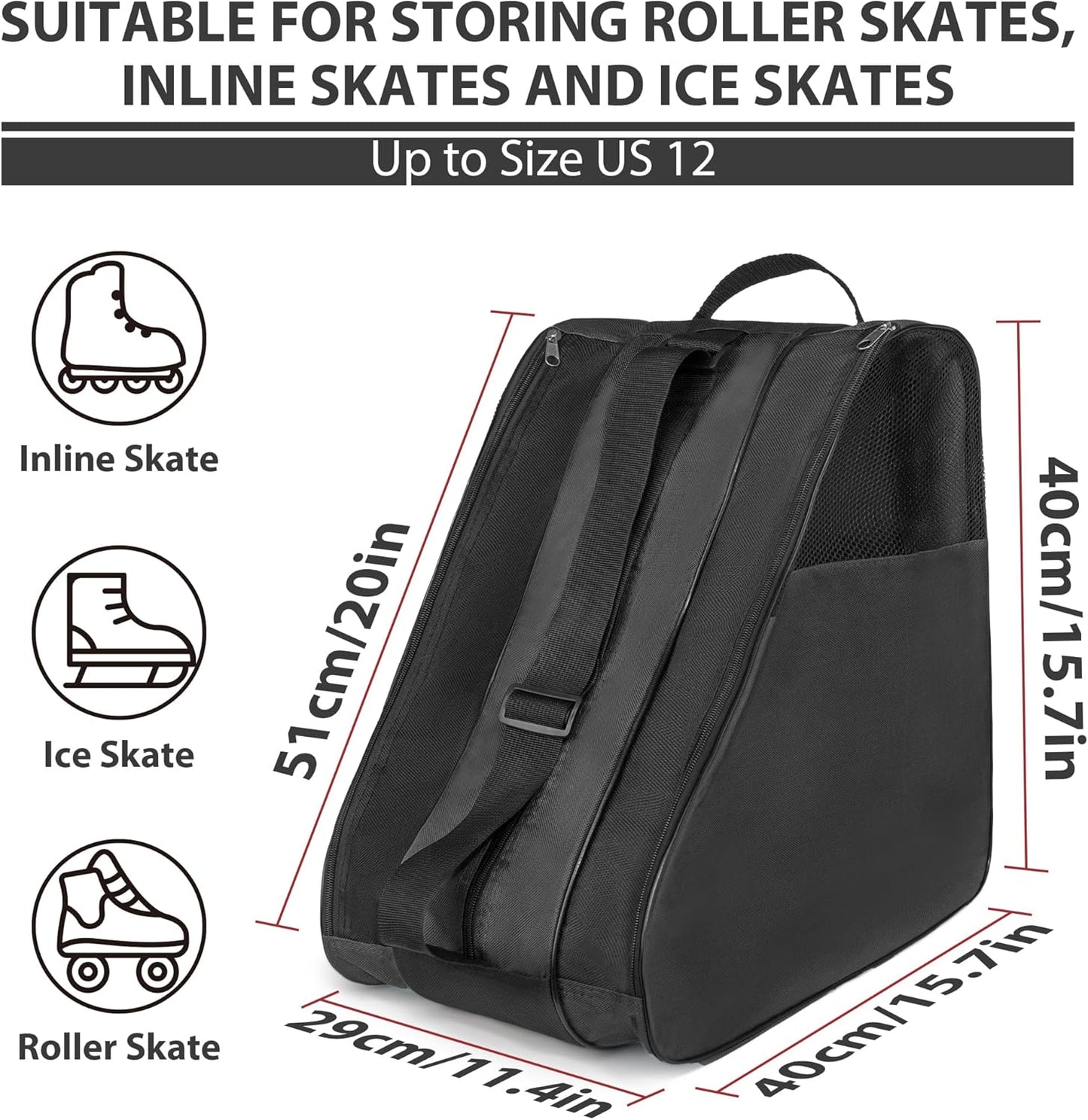 Ice Skate Bag, Large Capacity Roller Skate Bag for Both Kids and Adults, Breathable Figure Skating Bag with Adjustable Shoulder Strap Fit for Roller, Ice, Inline Skates