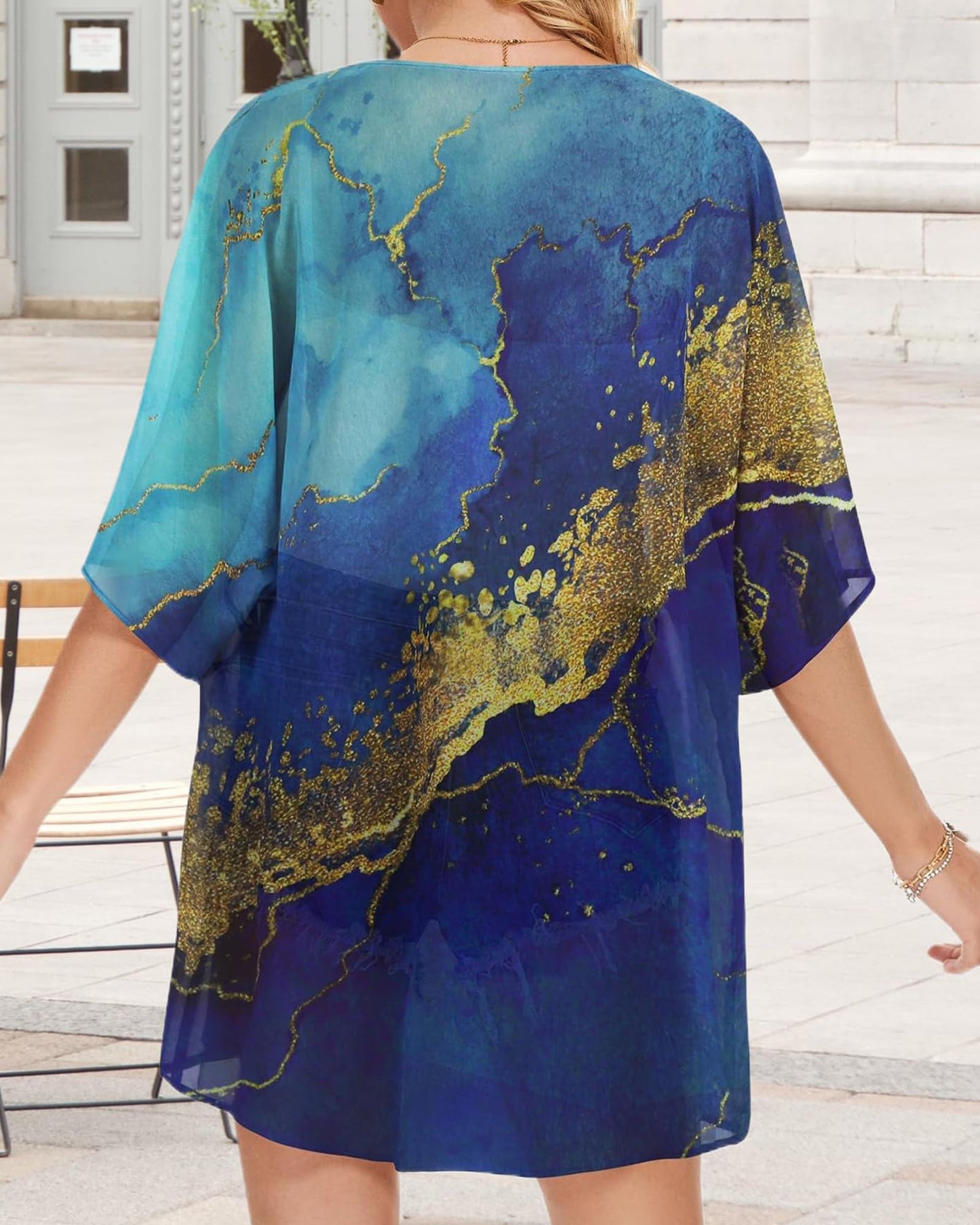 Women's Floral Print Puff Sleeve Kimono Cardigan Loose Cover Up Casual Blouse Tops(Gloden Blue,XL)