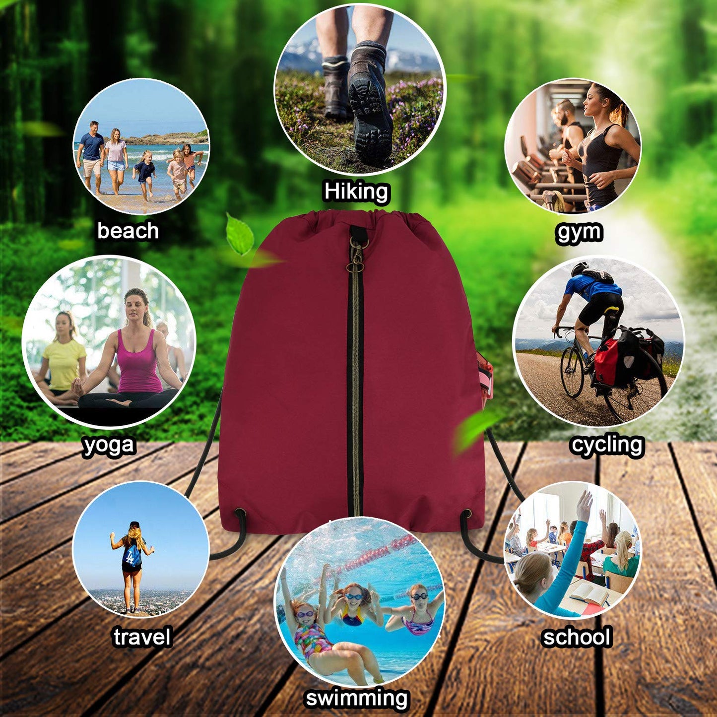 BeeGreen Maroon Drawstring Backpack with 3 Zipper Pocket and 2 Inside Pouch,19.2 "x 15" Large Sports Gym Drawstring bag Draw String Bags Pack