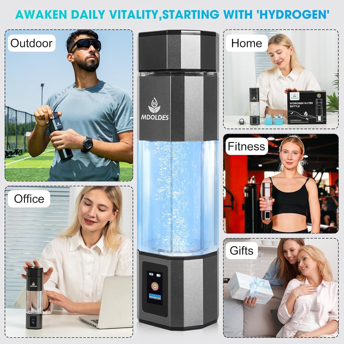 Hydrogen Water Bottle -Mdoldes- Concentration up to 4.0+PPM-SPE and PEM Technology Hydrogen Water Bottle,Certified H2 Generator, H2 Half-Life: 80 Minutes, Blood Sugar lowering, 10.15 oz (Gun Grey)