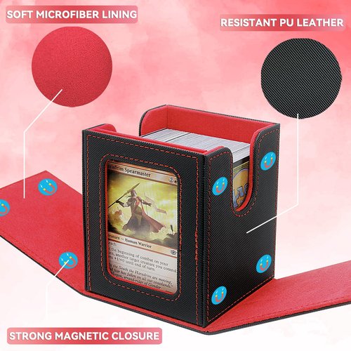 RADWIMPS Card Deck Box For MTG Commander Deck, Fits 100+ Cards, Magnetic Card Box Organizer With 2 Dividers & Window Display, Perfect for Magic Commander TCG, CCG Cards (Black&Red)