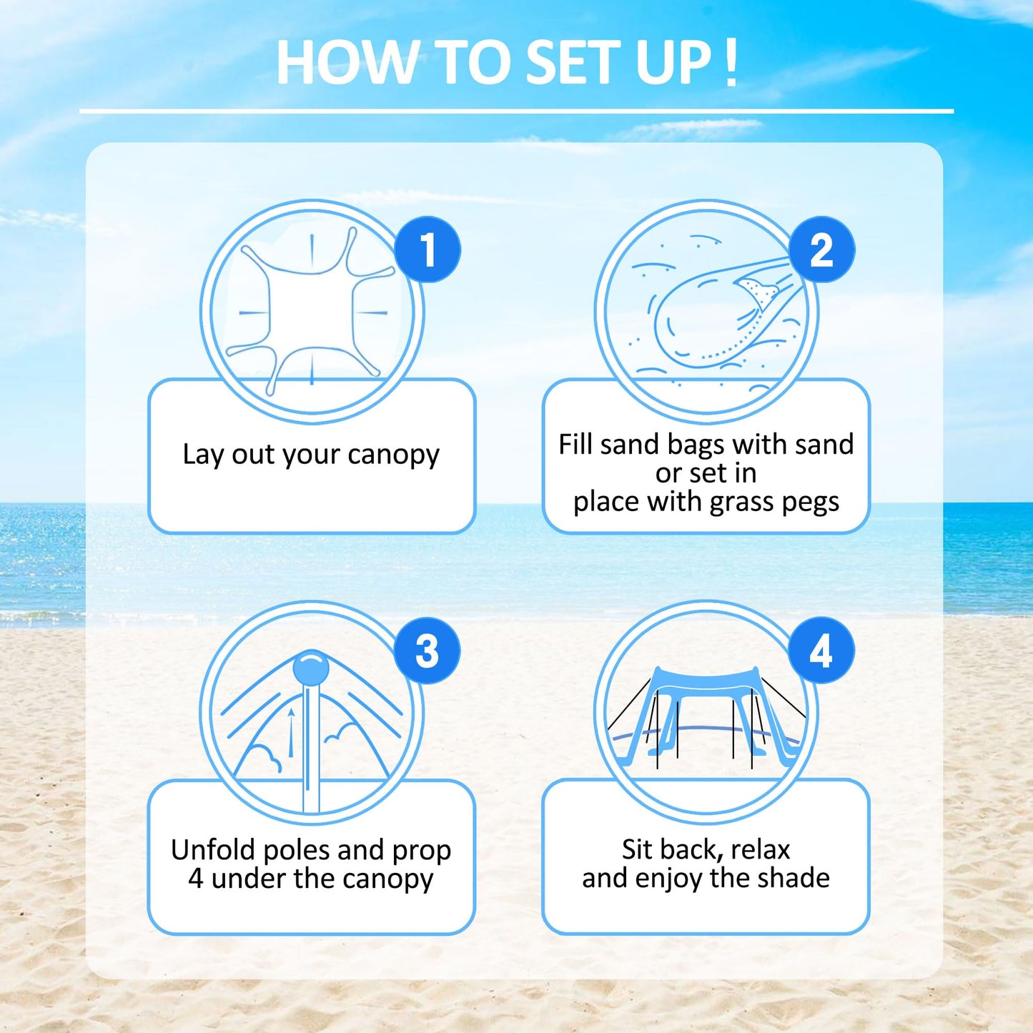 Beach Canopy Beach Tent 11X11 FT 6 Sandbags 4 Stability Poles Beach Shade Canopy UPF50+ Sun Protection Extra Windproof Ropes Carry Bag Easy to Set Up for Outdoor Camping