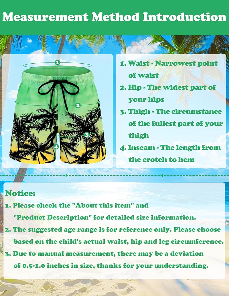 Boys Swim Trunks with Compression Liner - Quick-Dry Kids Board Shorts 8 Years Green Yellow Gradient Coconut Palm