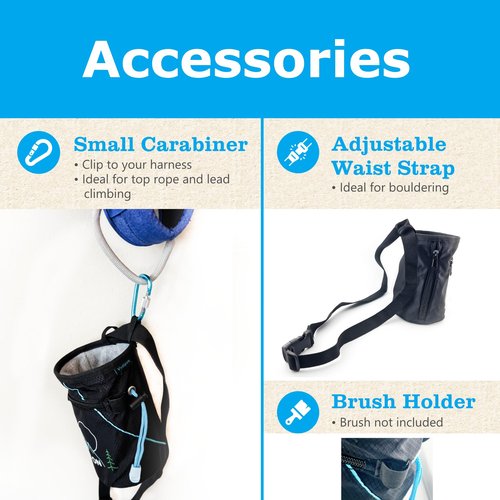 Chalk Bag for Rock Climbing, Bouldering, Top Rope | Includes Carabiner, Adjustable Belt, 2 Zippered Pockets, Wide Opening | Climb On