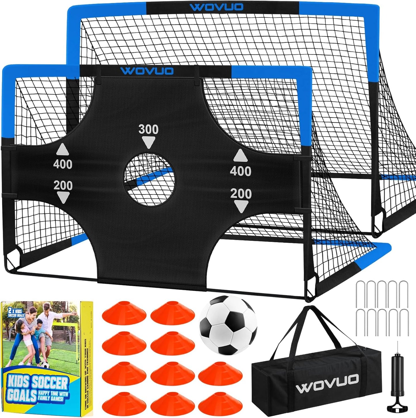 Kids Soccer Goals for Backyard Set of 2, 6x4 ft Portable Toddler Soccer Goal Training Equipment with Soccer Target, Ball, Cones, Soccer Net for Kids Age 3-5 6-8 8-12 10-12-14 Outdoor Sports Games Gift
