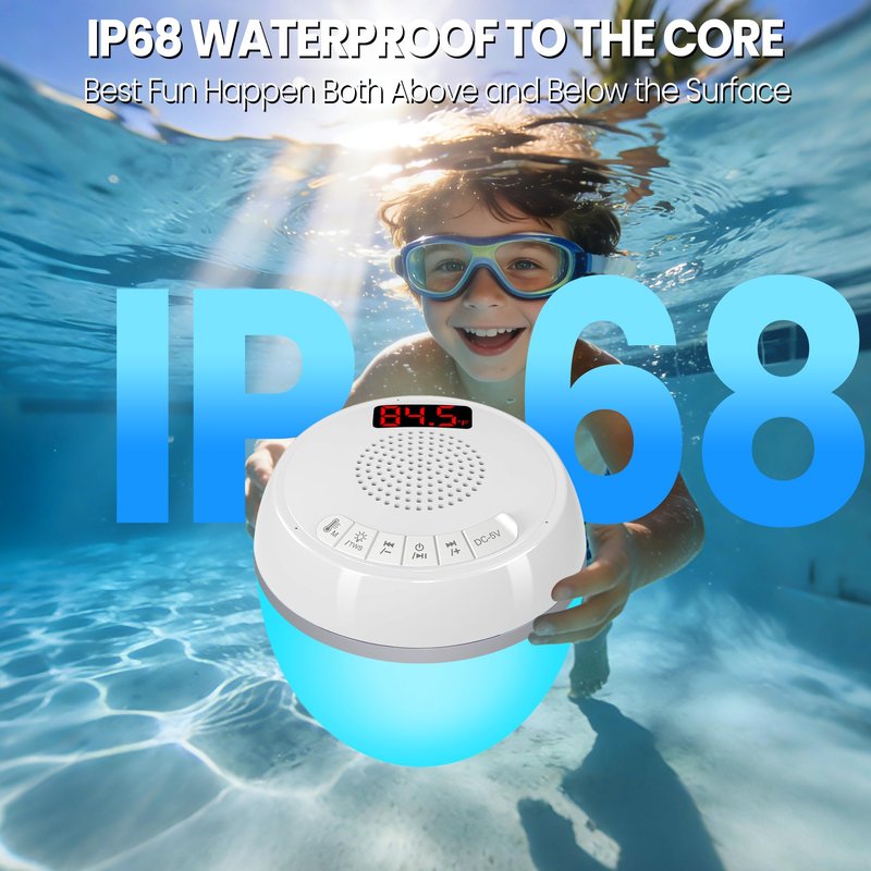 AearKing 3in1 Floating Pool Speaker with Digital Pool Thermometer,Bluetooth Pool-Speaker with Colorful Lights,TWS Hot Tub Speaker Waterproof IP68 Pools-Speaker,BT5.0 Bluetooth Speaker for Pools-White