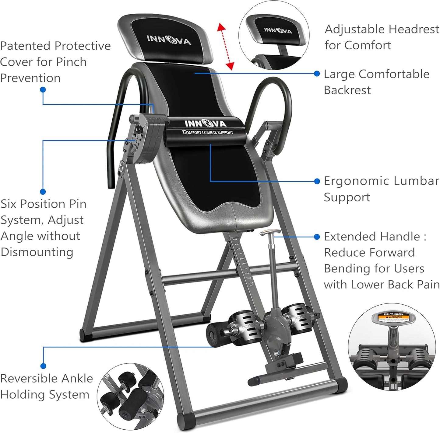 Innova Inversion Table with Adjustable Headrest, Reversible Ankle Holders, and 300 lb Weight Capacity