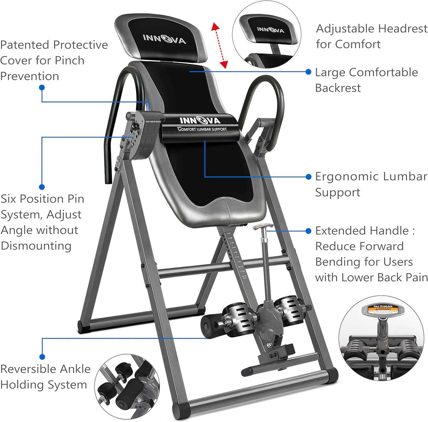 Innova Inversion Table with Adjustable Headrest, Reversible Ankle Holders, and 300 lb Weight Capacity