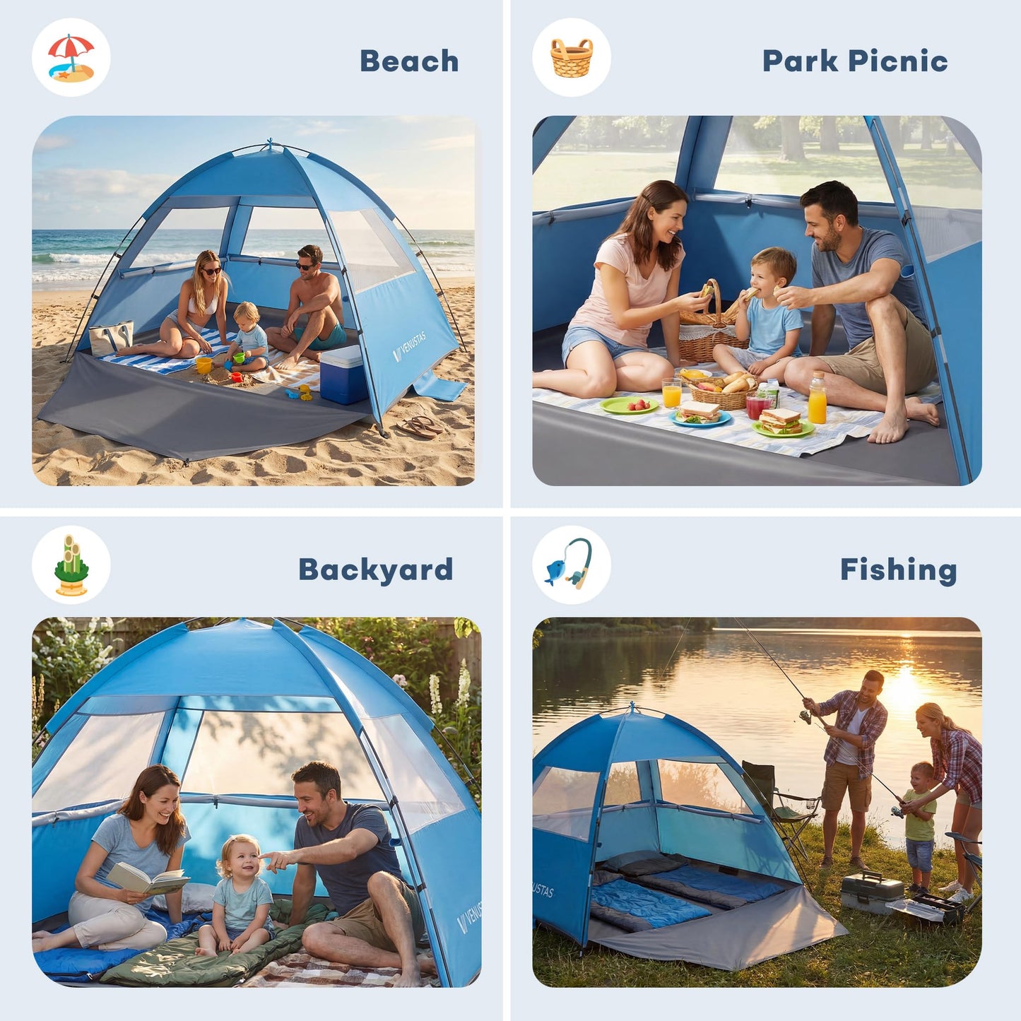 Venustas Beach Tent Sun Shelter for 3/4/6/8 Person, UPF 50+ UV Protection Beach Canopy, Lightweight and Easy Setup Cabana, Portable Shade Tent