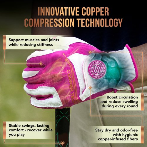 Copper Tech Ladies Golf Gloves Women Right Handed Golfer & Left Handed Golfer 2 Pack | Copper Compression Joint Support | Flexible & Comfortable Fit with Premium Leather | Tacky Grip Reinforced Pad