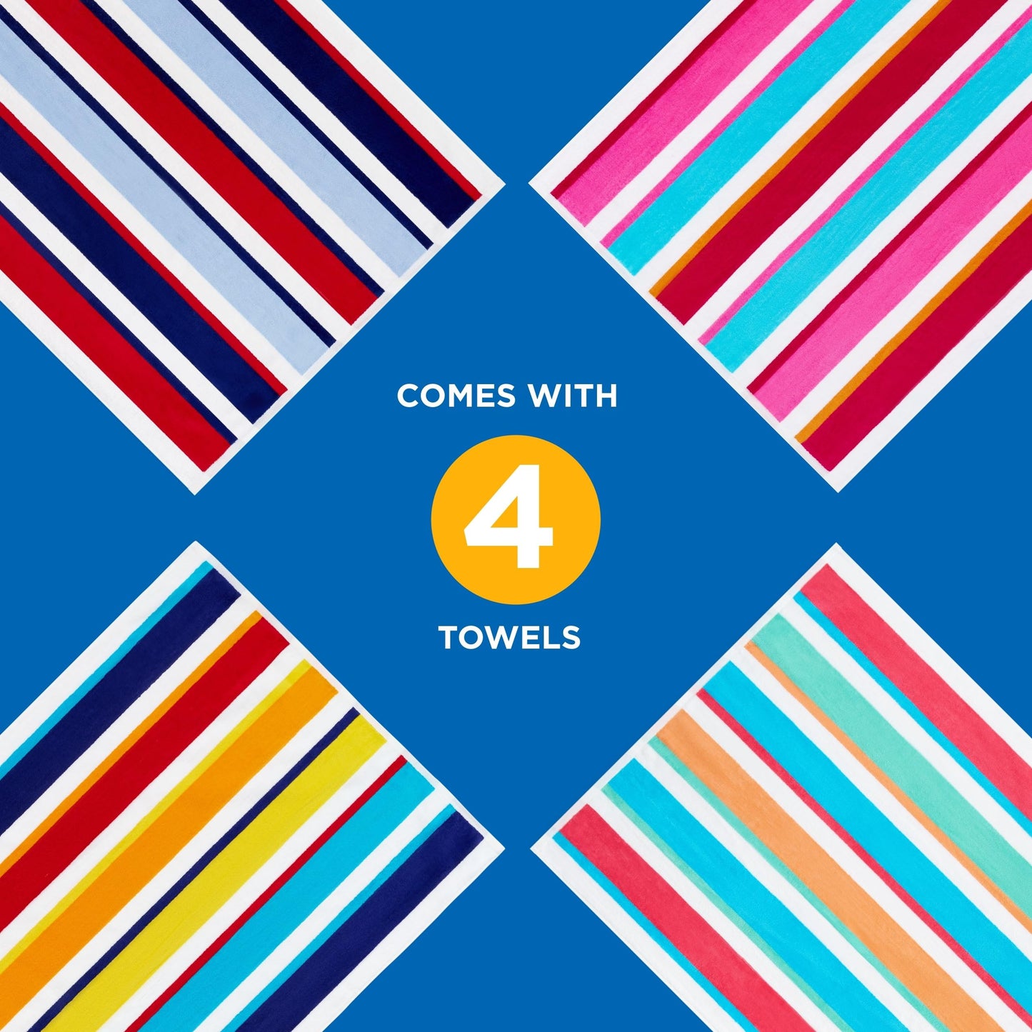 Kaufman - Joey Velour Colored Classic Multi-Color Stripe Beach & Pool Towel - Large 100% Combed Cotton Beach Towel - Soft & Absorbent Colorful Towels - 30" x 60" - 4 Pack
