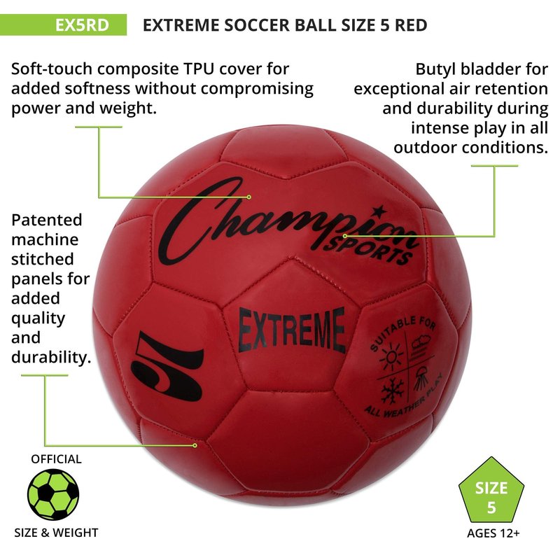 Champion Sports Extreme Series Soccer Ball, Regulation Size 5 - Collegiate, Professional, and League Standard Kick Balls - All Weather, Soft Touch, Maximum Air Retention - For Adults, Teenagers, Red