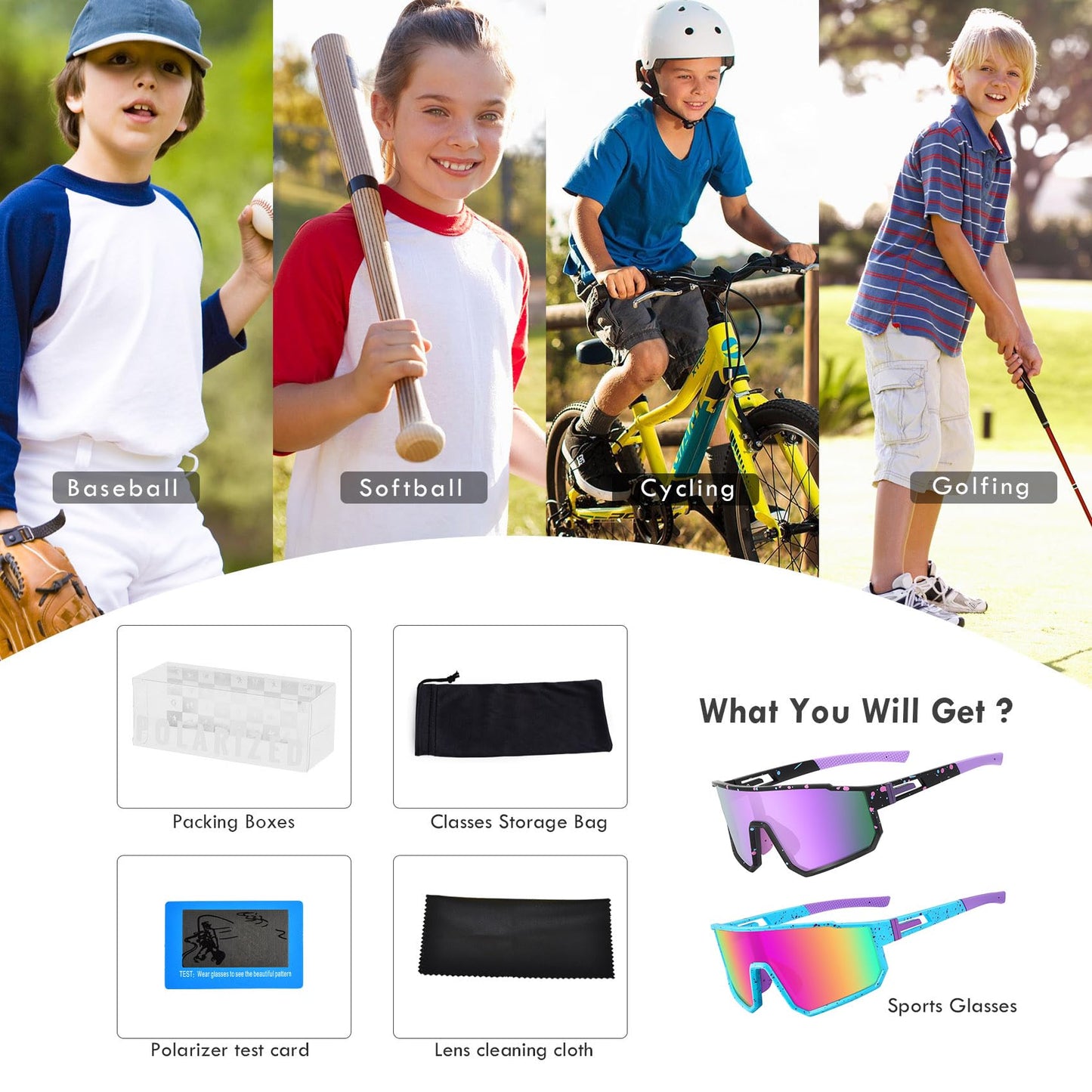 MVPTGRS 2 PackYouth Baseball Sunglasses for Boys Girls Age 8-14 TR90 Frame Kids Sport Sunglasses for Softball Cycling Baseball Golf