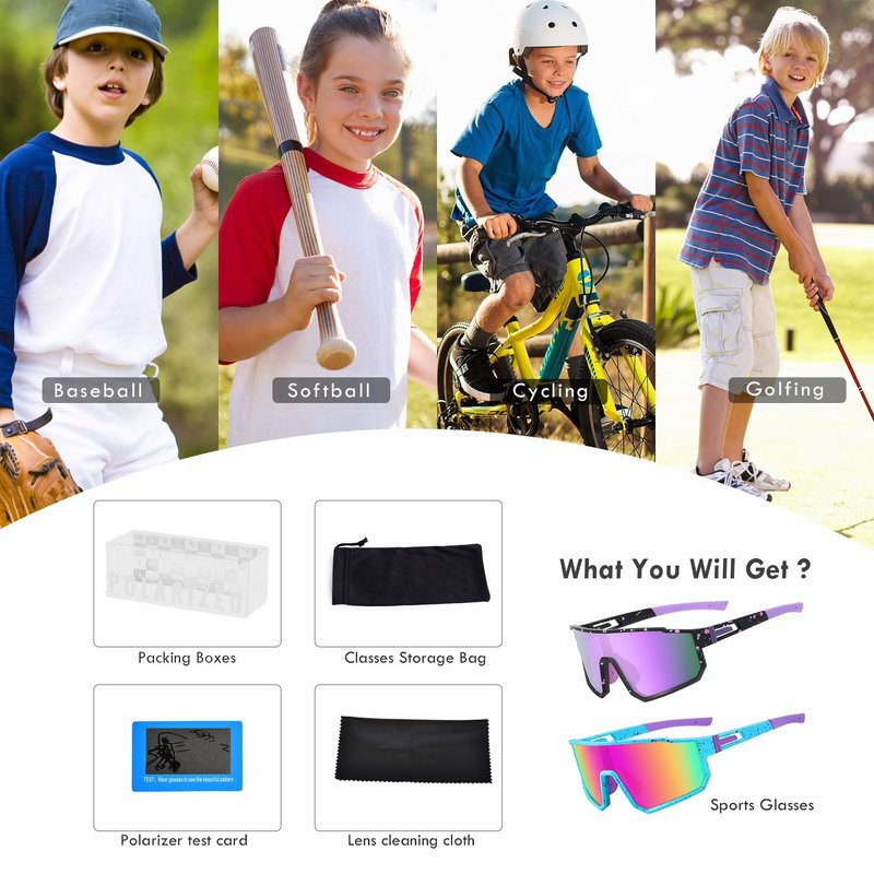 MVPTGRS 2 PackYouth Baseball Sunglasses for Boys Girls Age 8-14 TR90 Frame Kids Sport Sunglasses for Softball Cycling Baseball Golf