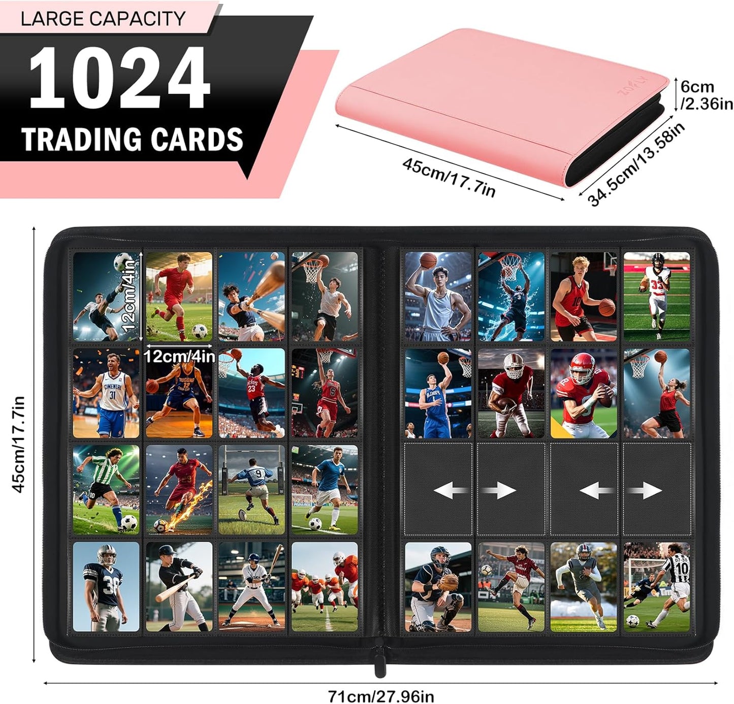 12 Pocket Card Binder, Zipper Trading Card Binder, 720 Large Capacity Side Loading Non-Ring Card Album, Double Sided Acid-Free Card Protector Binder, Card Collection for TCG, MTG, Sport Card, Pink