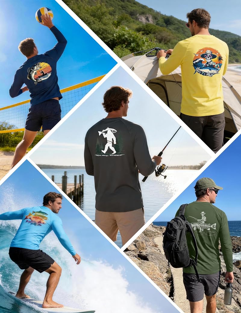 FISHEAL Men’s UPF 50+ Rash Guard Long Sleeve Fishing Shirt - Lightweight Quick Dry, 01-bass