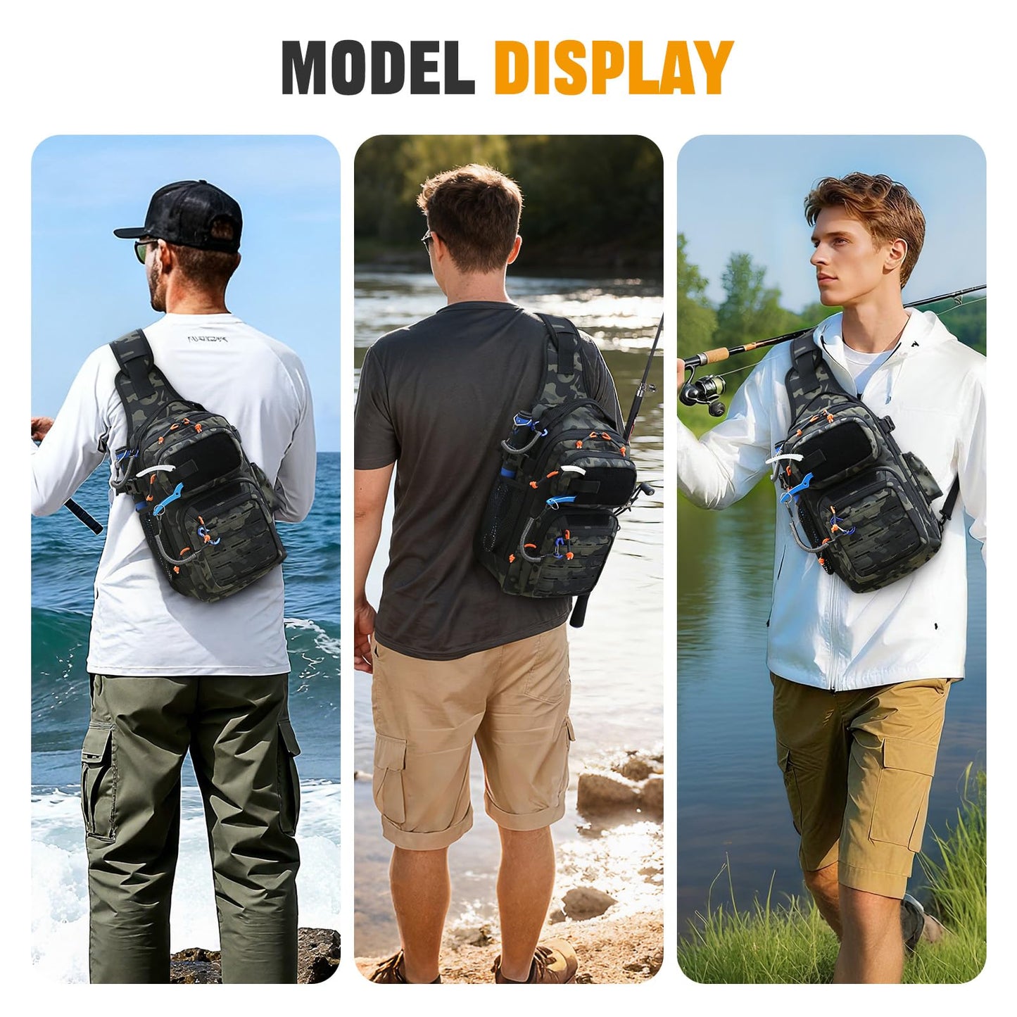 HUNTVP Fishing Sling Bag Lightweight Tackle Bag Small Fishing Backpack Tactical Shoulder Sling Bags with Rod Holder, Storage Gear and Equipment, Gifts for Men (Camo)