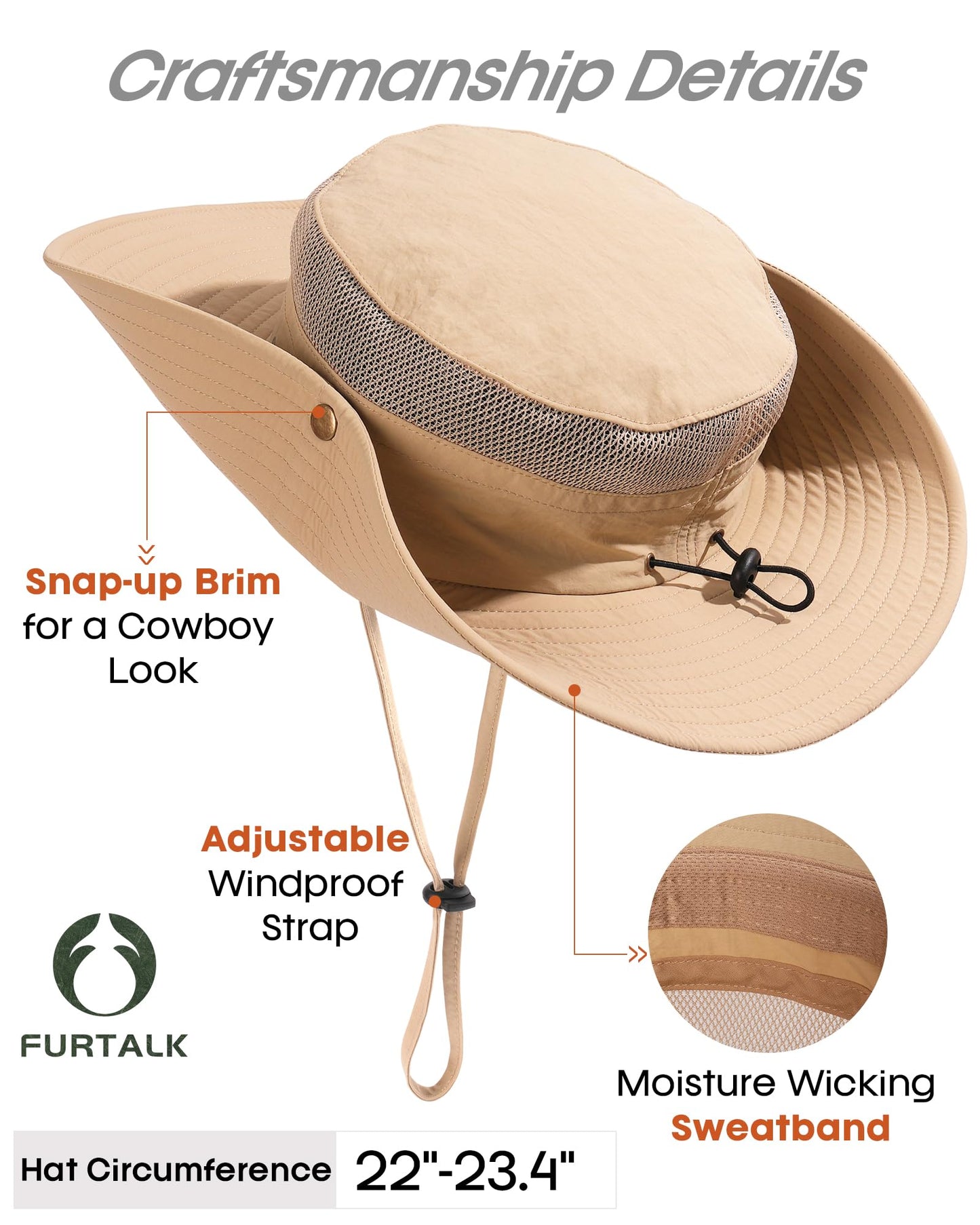 FURTALK Sun Hats for Men Women Fishing Hat UPF 80+ Breathable Wide Brim Hiking Summer UV Protection Bucket Hats Khaki