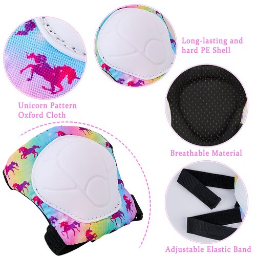Bienbee Knee Pads for Kids, 7pcs Unicorn Kids Knee Pads and Elbow Pads Set Wrist Guards for Girls Boys Protective Gear Set with Bag for Roller Skating Inline Skates Skateboard Cycling Rainbow S