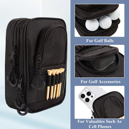Golf Ball Bag Valuables Pouch,Golf Tee Bag Pouch Accessories with Detachable Carabiner Large Capacity Multiple Compartments can Store 12-15 Balls,Tees,Gloves,Mobile Phone and Keys