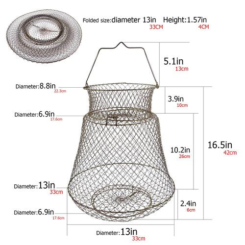 OperSeven Metal Rustproof Collapsible Fish Basket - Robust and Easy to Use Net Cage for Live Fish