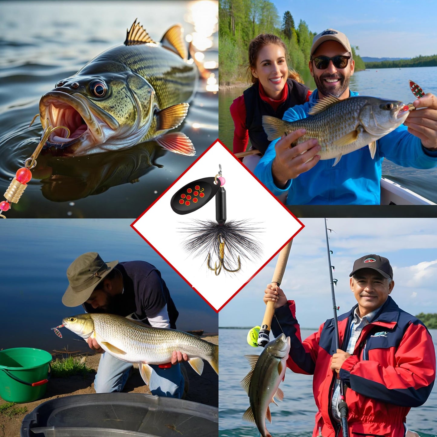 10PCS Rooster Tail Fishing Lures with Tackle Box, Spinner Bait with Flash Copper Body & Spoon, Freshwater and Saltwater Bait for Bass Crappie Walleye Trout, Swimming or Jigging