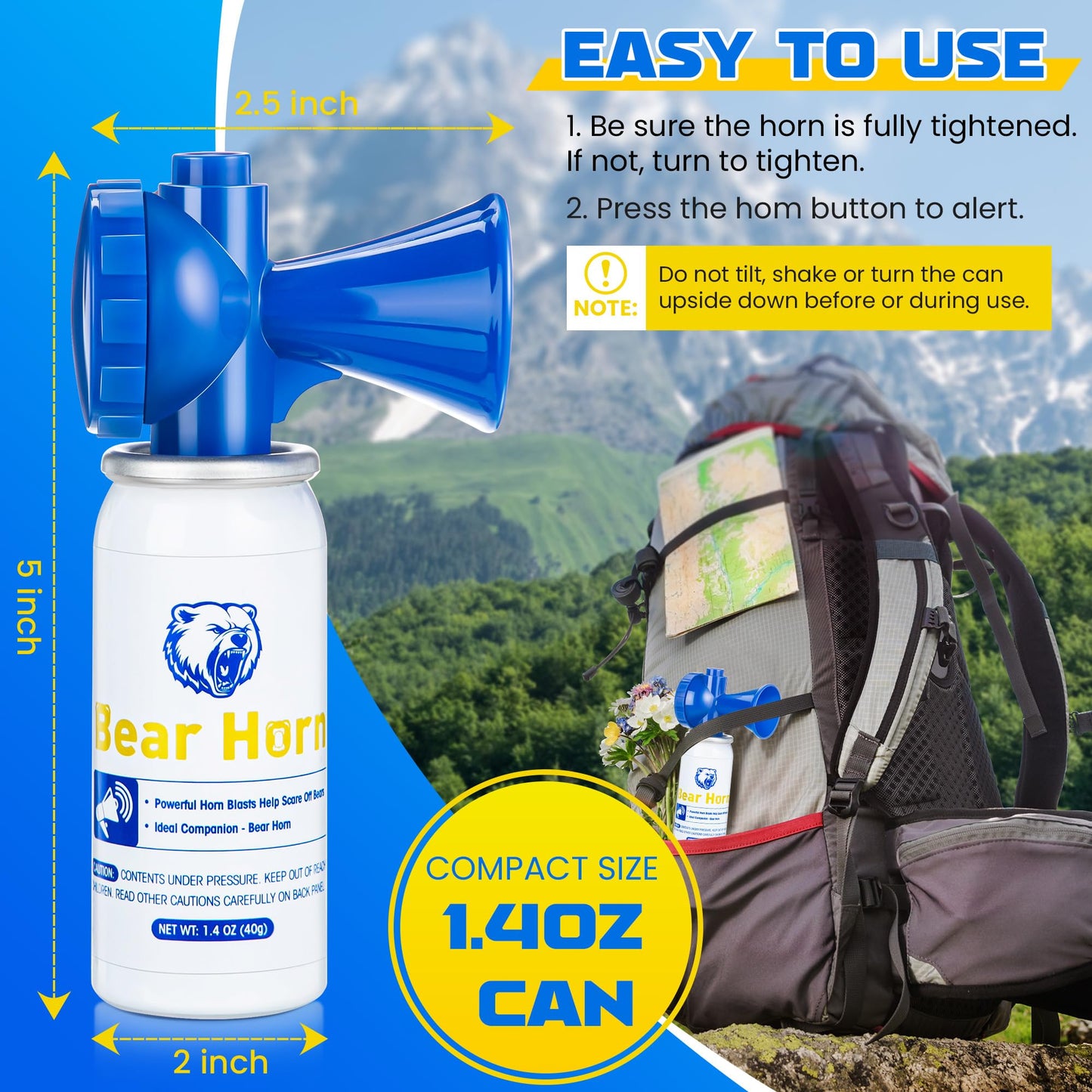 2 Pack 1.4oz Bear Horn Self Defense, Loud Air Horn for Wild Animals, 120dB Heard up to 1/2 Mile Away, Ideal for Hiking