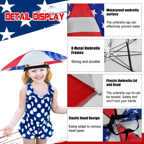 MUFEKUM 20.5” Umbrella Hat for Kids Adult, Hands-Free Waterproof Red White Blue Head Umbrella Cap for Outdoor Activities, Fishing, Camping, Beach, Gardening Sun Protection (B)