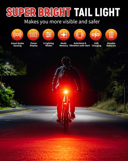 DARKBEAM Bike Tail Light with LED Display Screen, USB-C Rechargeable 6 Light Modes, IP55 Waterproof Bicycle Taillight for Night Riding, Super Bright Rear Bike Light for Road Mountain, Cycling