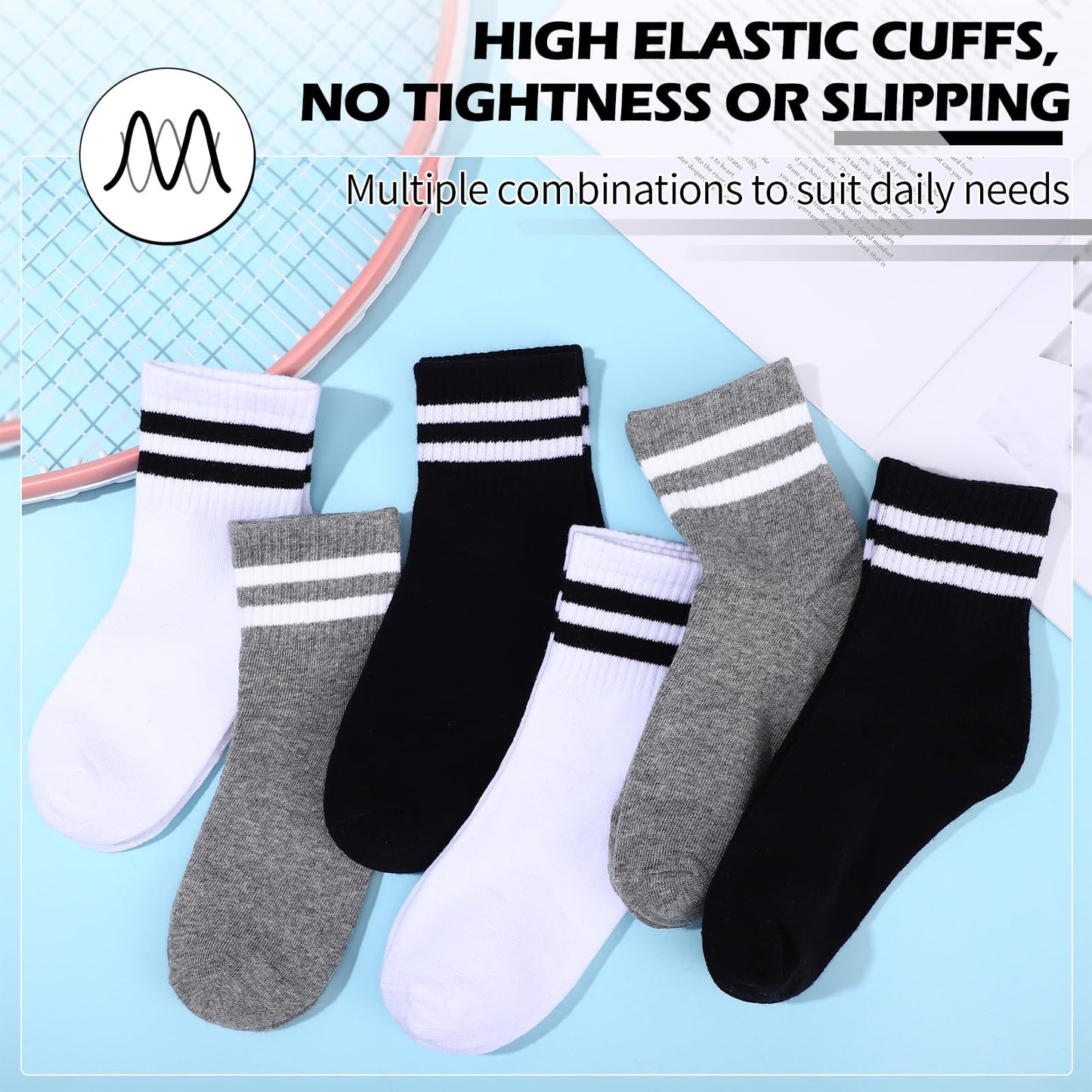 Jspupifip 6 Pairs Kids Striped Athletic Socks, Boys Girls Cotton Socks 6-12 Years, Classic Striped Crew Sports Sock for School Daily Wear