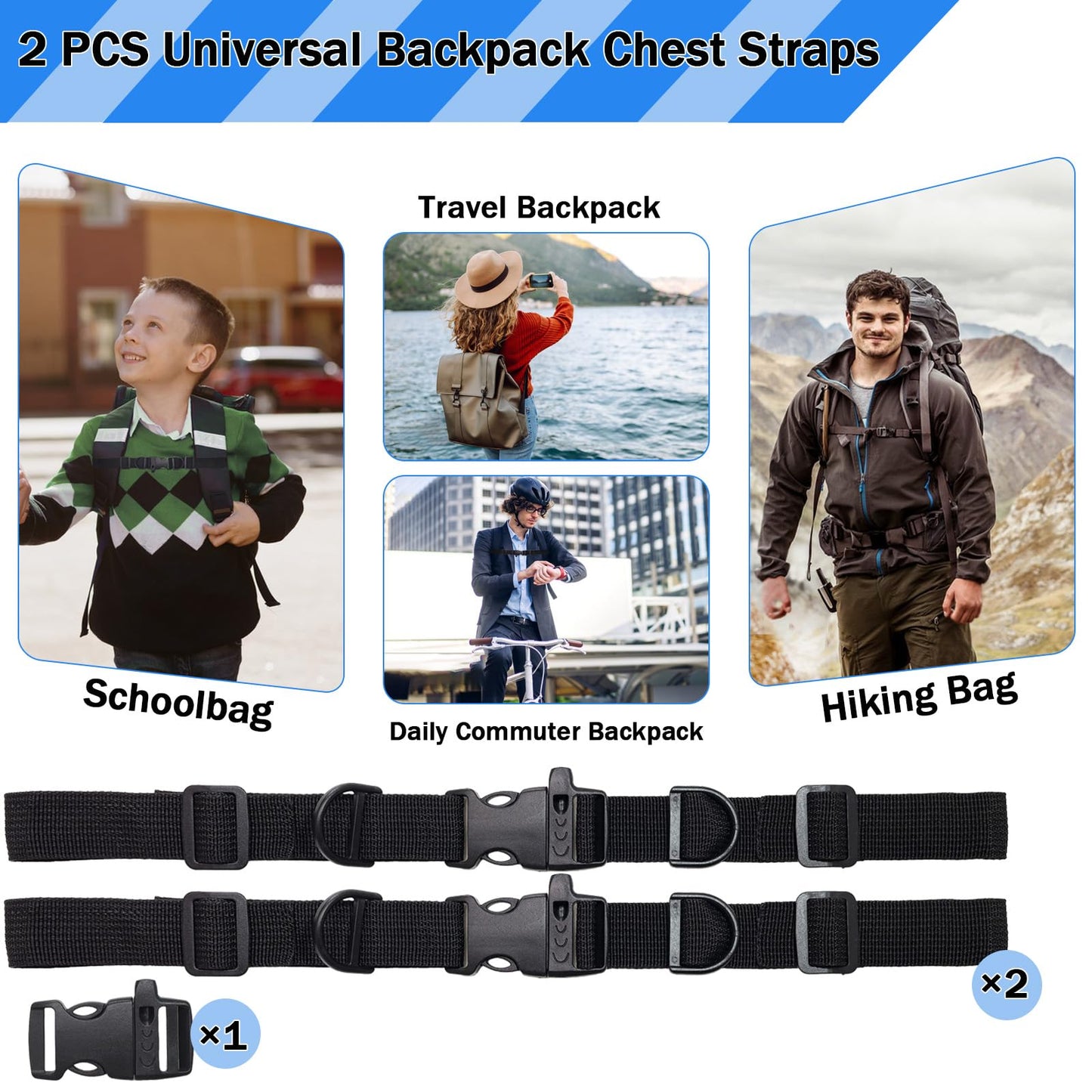 2 PCS Backpack Chest Strap Add on, Adjustable Sternum Straps for Backpacks and Schoolbag, Heavy Duty Backpack Waist Strap Chest Belt with Whistle Quick Release Buckle and Slide Lock for Hiking Jogging